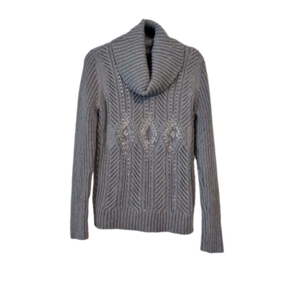Talbots Gray Silver Sequin Cowl Neck Sweater L Cable Knit